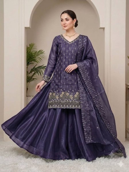 Purple  Women s Fendy Embroidered Kurti with Full Flair Palazzo and Designer Dupatta 