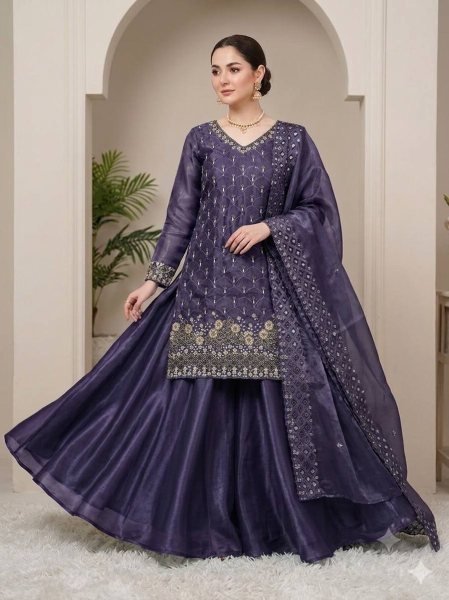 Purple  Women s Fendy Embroidered Kurti with Full Flair Palazzo and Designer Dupatta Ready To Wear Collection