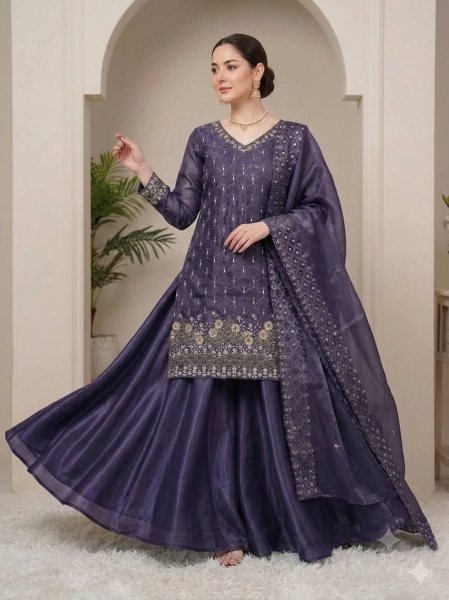 Purple  Women s Fendy Embroidered Kurti with Full Flair Palazzo and Designer Dupatta Ready To Wear Collection