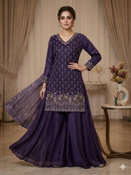 Purple  Women s Fendy Embroidered Kurti with Full Flair Palazzo and Designer Dupatta Ready To Wear Collection
