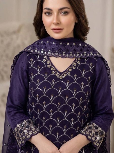 Purple  Women s Fendy Embroidered Kurti with Full Flair Palazzo and Designer Dupatta Ready To Wear Collection