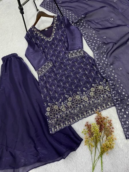 Purple  Women s Fendy Embroidered Kurti with Full Flair Palazzo and Designer Dupatta Ready To Wear Collection