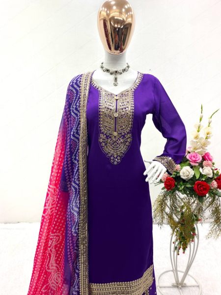 Purpule color Chinon silk Siqwans Embroidery Work top-plazza with dupatta 