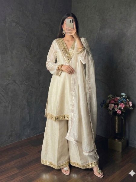 Qloria White Premium Mirror Work Kurti Palazzo Set for Wedding Functions 3 Piece Kurti Set