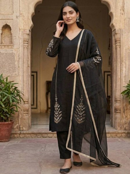 Quality Stitching Black Roman Silk Heavy Embroidered Kurti With Bottom And Dupatta 