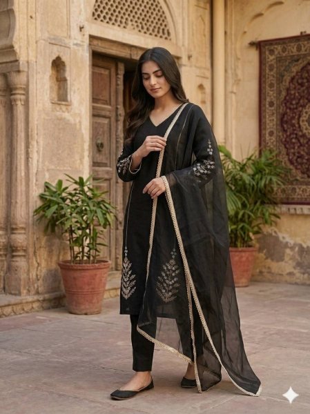 Quality Stitching Black Roman Silk Heavy Embroidered Kurti With Bottom And Dupatta Ready To Wear Collection