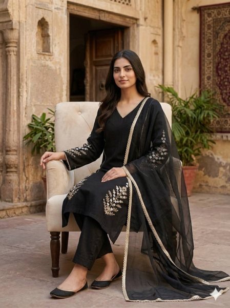 Quality Stitching Black Roman Silk Heavy Embroidered Kurti With Bottom And Dupatta Ready To Wear Collection