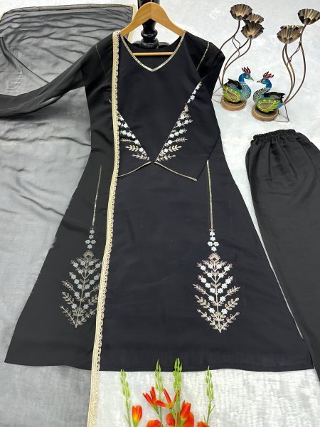 Quality Stitching Black Roman Silk Heavy Embroidered Kurti With Bottom And Dupatta Ready To Wear Collection
