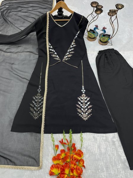 Quality Stitching Black Roman Silk Heavy Embroidered Kurti With Bottom And Dupatta Ready To Wear Collection