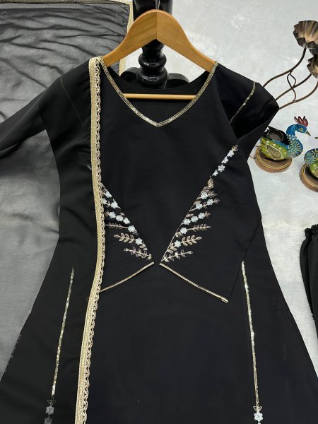 Quality Stitching Black Roman Silk Heavy Embroidered Kurti With Bottom And Dupatta Ready To Wear Collection