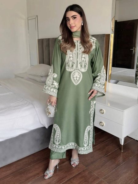 Quality Style Dusty Green Chinon Silk Embroidered Kurti Palazzo Set with Georgette Dupatta Ready To Wear Suit