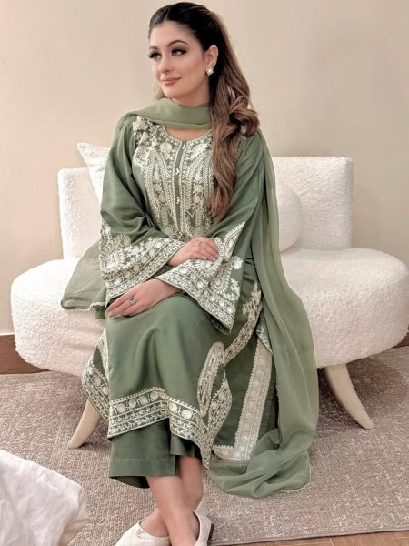 Quality Style Dusty Green Chinon Silk Embroidered Kurti Palazzo Set with Georgette Dupatta Ready To Wear Collection
