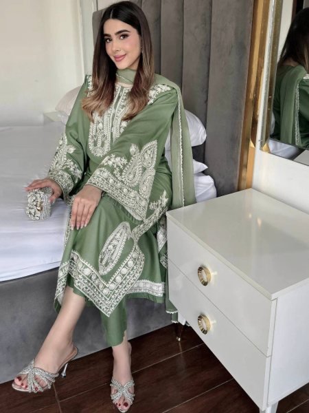 Quality Style Dusty Green Chinon Silk Embroidered Kurti Palazzo Set with Georgette Dupatta Ready To Wear Collection