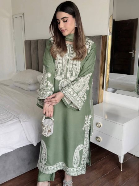Quality Style Dusty Green Chinon Silk Embroidered Kurti Palazzo Set with Georgette Dupatta Ready To Wear Collection