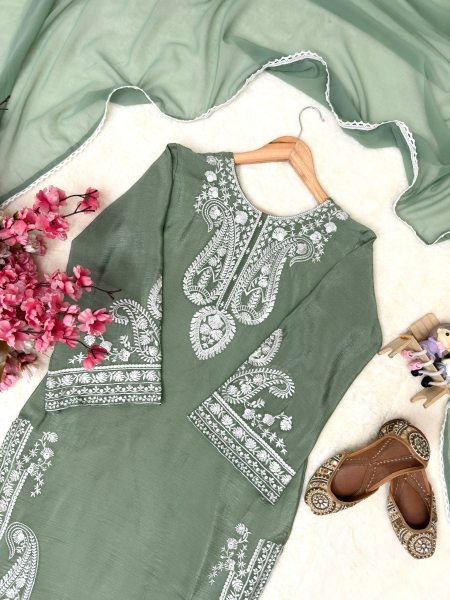 Quality Style Dusty Green Chinon Silk Embroidered Kurti Palazzo Set with Georgette Dupatta Ready To Wear Collection