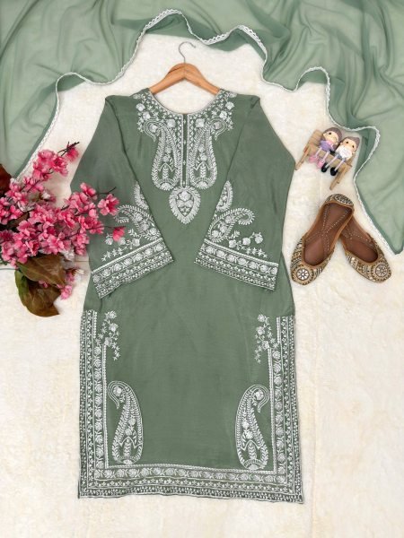 Quality Style Dusty Green Chinon Silk Embroidered Kurti Palazzo Set with Georgette Dupatta Ready To Wear Collection