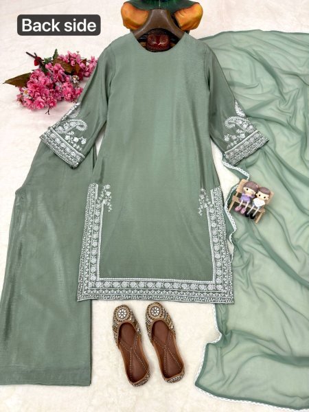 Quality Style Dusty Green Chinon Silk Embroidered Kurti Palazzo Set with Georgette Dupatta Ready To Wear Collection