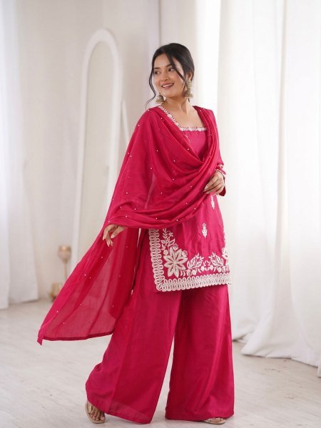 Queen Style Hot Pink 3mm Sequins Embroidery Work Fancy Kurti Palazzo Set With Moti Work Dupatta Ready To Wear Suit