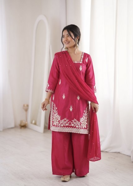 Queen Style Hot Pink 3mm Sequins Embroidery Work Fancy Kurti Palazzo Set With Moti Work Dupatta Ready To Wear Collection