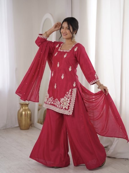 Queen Style Hot Pink 3mm Sequins Embroidery Work Fancy Kurti Palazzo Set With Moti Work Dupatta Ready To Wear Collection