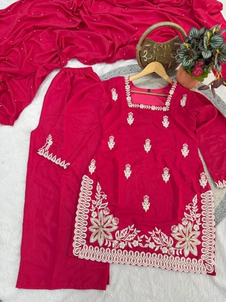 Queen Style Hot Pink 3mm Sequins Embroidery Work Fancy Kurti Palazzo Set With Moti Work Dupatta Ready To Wear Collection