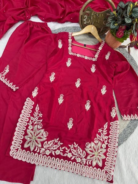 Queen Style Hot Pink 3mm Sequins Embroidery Work Fancy Kurti Palazzo Set With Moti Work Dupatta Ready To Wear Collection