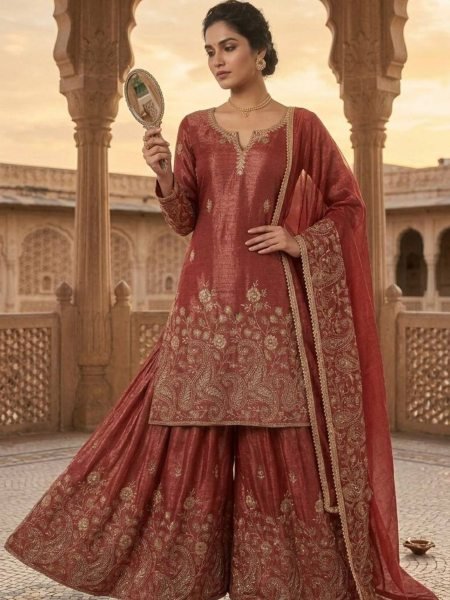 Queenly Rust Maroon Crunchy Silk 5mm Sequence Embroidery Work Sharara Suit With Modern Design Dupatta 