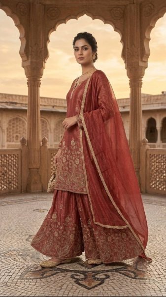 Queenly Rust Maroon Crunchy Silk 5mm Sequence Embroidery Work Sharara Suit With Modern Design Dupatta Ready To Wear Collection