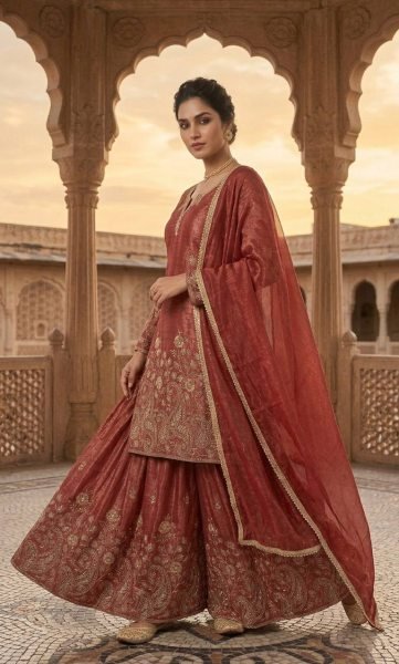 Queenly Rust Maroon Crunchy Silk 5mm Sequence Embroidery Work Sharara Suit With Modern Design Dupatta Ready To Wear Collection