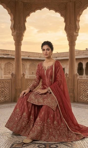 Queenly Rust Maroon Crunchy Silk 5mm Sequence Embroidery Work Sharara Suit With Modern Design Dupatta Ready To Wear Collection