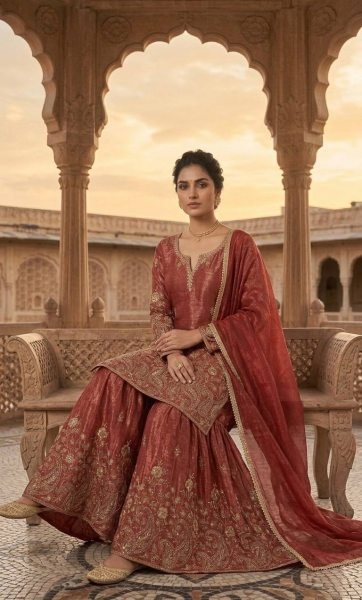 Queenly Rust Maroon Crunchy Silk 5mm Sequence Embroidery Work Sharara Suit With Modern Design Dupatta Ready To Wear Collection