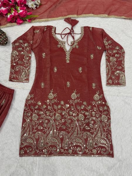 Queenly Rust Maroon Crunchy Silk 5mm Sequence Embroidery Work Sharara Suit With Modern Design Dupatta Ready To Wear Collection