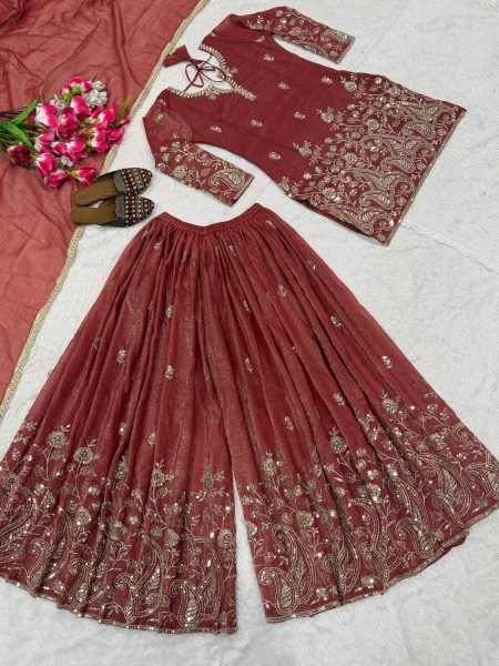 Queenly Rust Maroon Crunchy Silk 5mm Sequence Embroidery Work Sharara Suit With Modern Design Dupatta Ready To Wear Collection