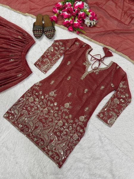 Queenly Rust Maroon Crunchy Silk 5mm Sequence Embroidery Work Sharara Suit With Modern Design Dupatta Ready To Wear Collection
