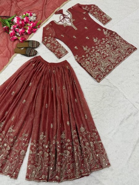 Queenly Rust Maroon Crunchy Silk 5mm Sequence Embroidery Work Sharara Suit With Modern Design Dupatta Ready To Wear Collection