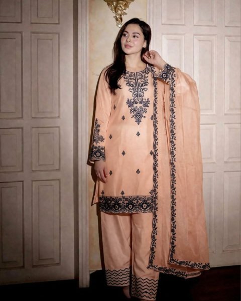 Quick-Style Peach Rayon Cotton With Embroidery Thread Work Farshi Plazzo With Lace Border Dupatta 