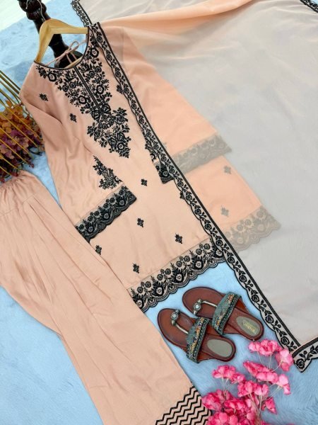Quick-Style Peach Rayon Cotton With Embroidery Thread Work Farshi Plazzo With Lace Border Dupatta  Ready To Wear Collection