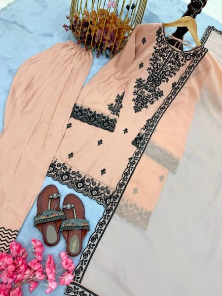Quick-Style Peach Rayon Cotton With Embroidery Thread Work Farshi Plazzo With Lace Border Dupatta  Ready To Wear Collection
