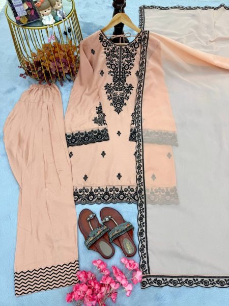Quick-Style Peach Rayon Cotton With Embroidery Thread Work Farshi Plazzo With Lace Border Dupatta  Ready To Wear Collection