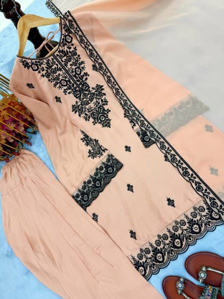 Quick-Style Peach Rayon Cotton With Embroidery Thread Work Farshi Plazzo With Lace Border Dupatta  Ready To Wear Collection
