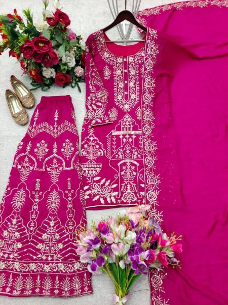 Quiet Pretty Pink CP Vichitra Silk Sequence Work Top Plazzo Set with Dupatta Ready To Wear Collection