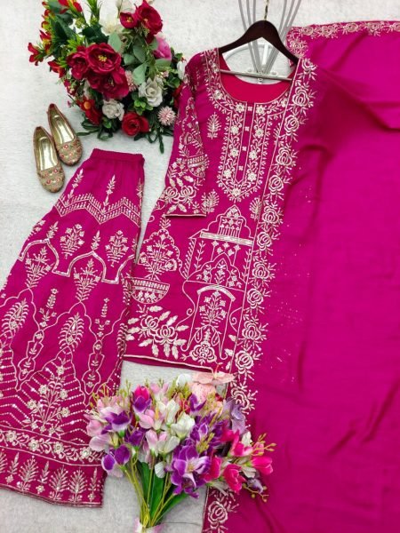 Quiet Pretty Pink CP Vichitra Silk Sequence Work Top Plazzo Set with Dupatta Ready To Wear Collection