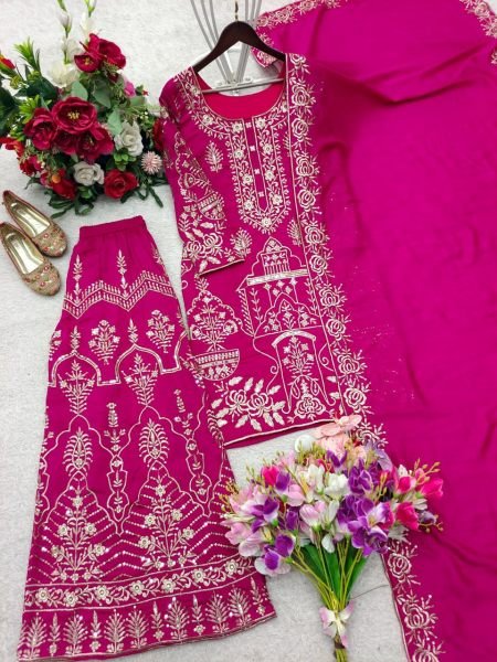 Quiet Pretty Pink CP Vichitra Silk Sequence Work Top Plazzo Set with Dupatta Ready To Wear Collection
