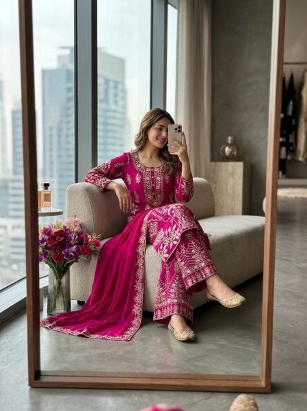 Quiet Pretty Pink CP Vichitra Silk Sequence Work Top Plazzo Set with Dupatta Ready To Wear Collection