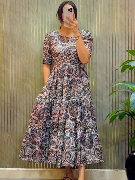 Radiant Baby Pink Women's Premium Cambric Cotton Kalamkari Print Midi Dress Kurtis