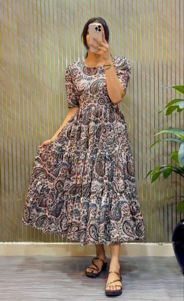 Radiant Baby Pink Women's Premium Cambric Cotton Kalamkari Print Midi Dress Western Ladies Top Wholesale