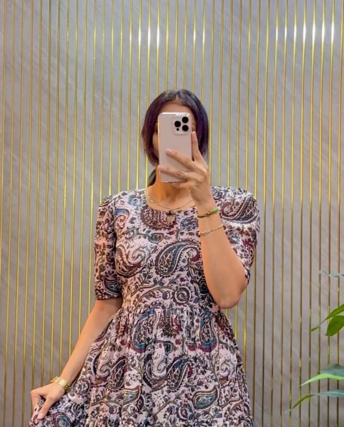 Radiant Baby Pink Women's Premium Cambric Cotton Kalamkari Print Midi Dress Western Ladies Top Wholesale