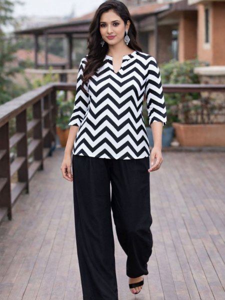 Radiant Black And White Women Co-ord Set with Stylish Print and Relaxed Fit Kurtis