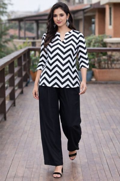 Radiant Black And White Women Co-ord Set with Stylish Print and Relaxed Fit CO ORD Sets