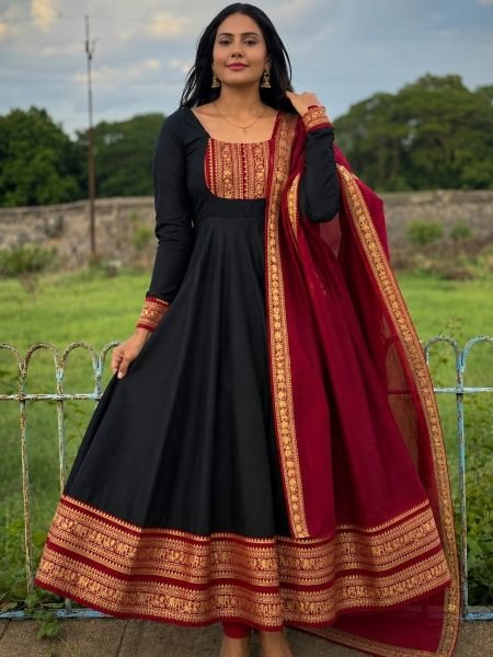 Radiant Black Cotton Chanderi Gown with Jacquard Silk Border for Manufacture Rate Kurtis